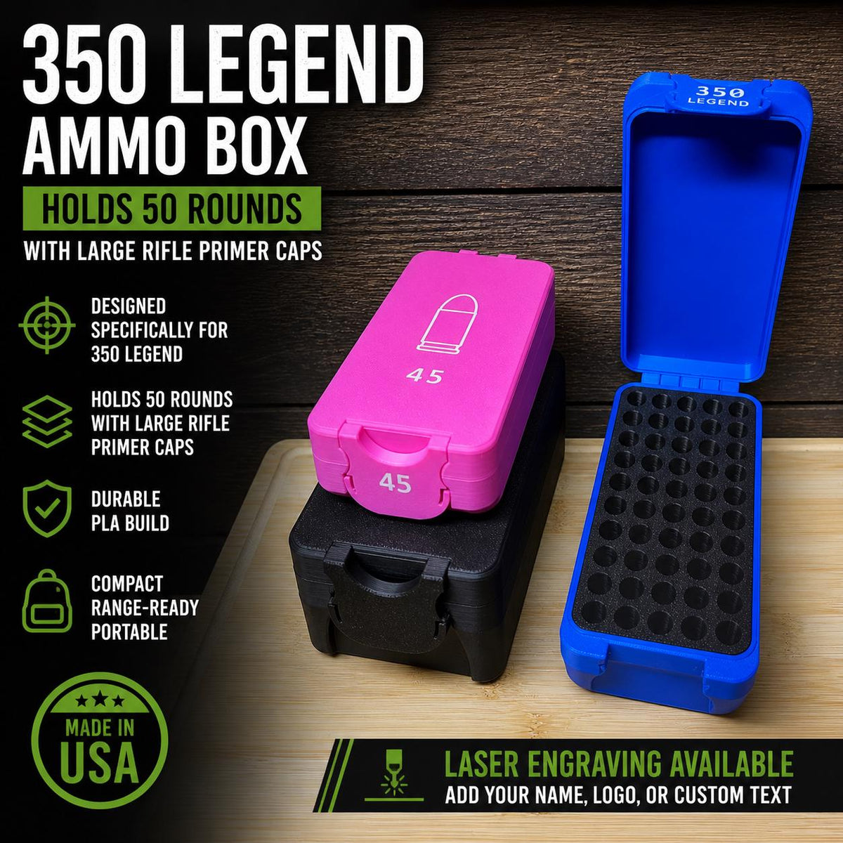 350 Legend Ammo Box – 50 Round, Engravable