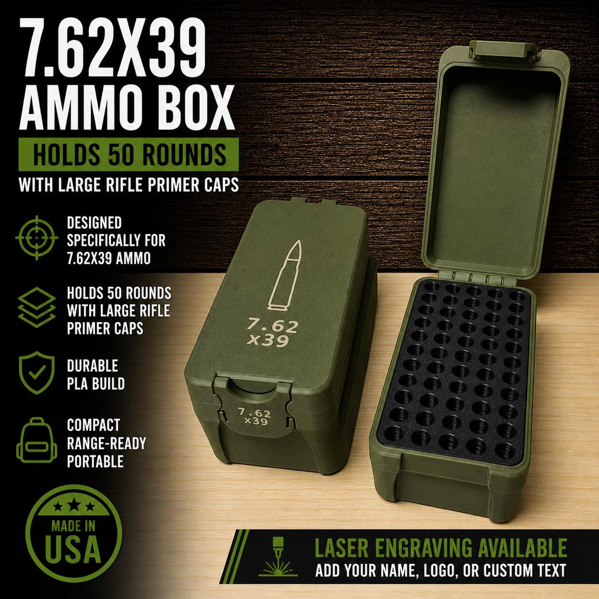7.62x39 Ammo Box – 50 Round, Engravable