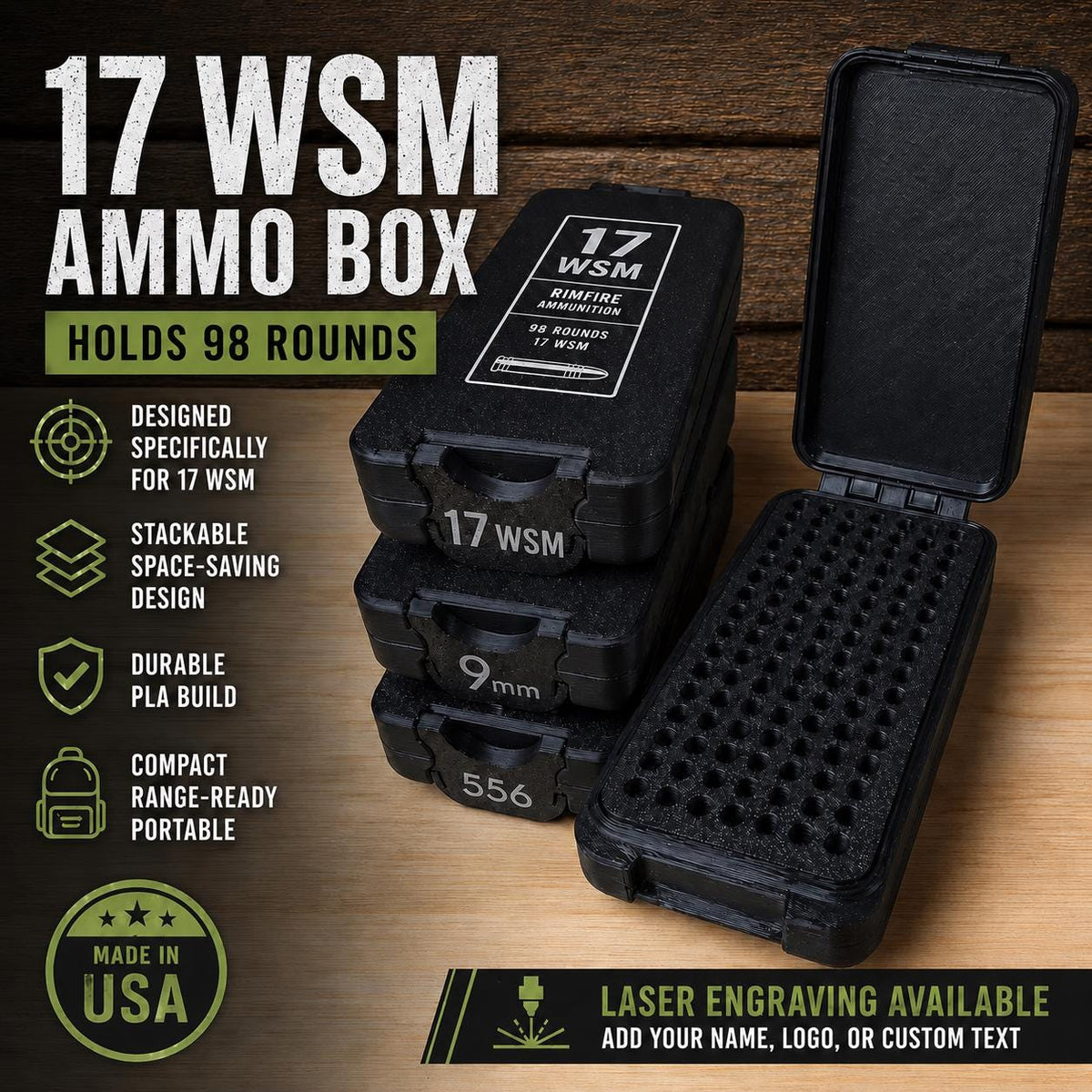 17 WSM Ammo Box – 98 Round, Engravable