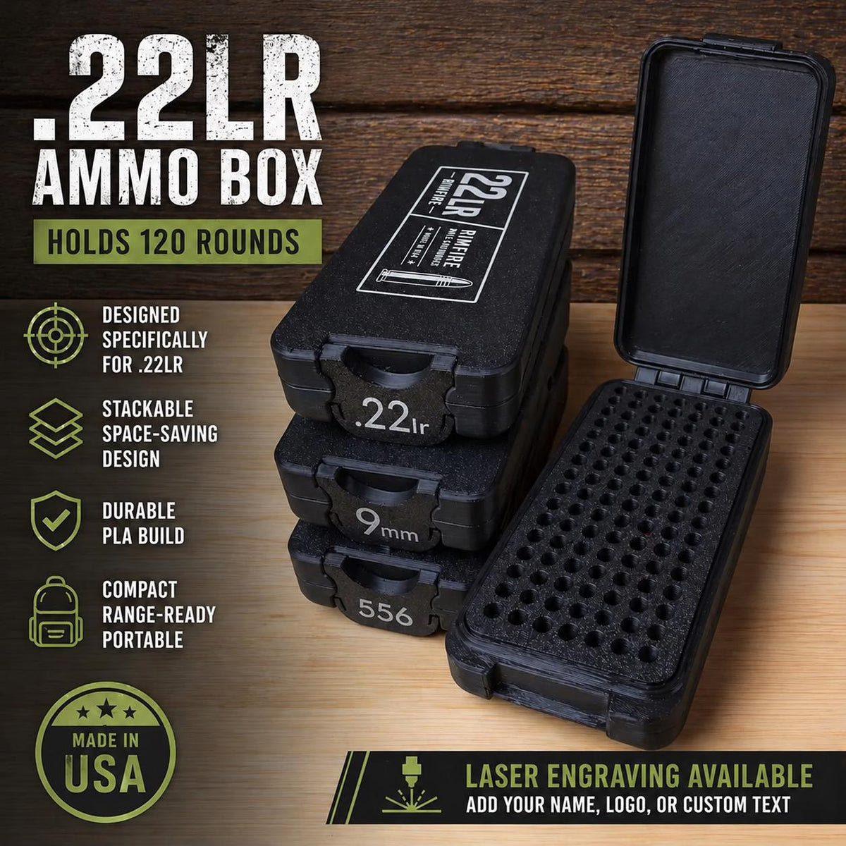 22LR Ammo Box – 120 Round, Engravable